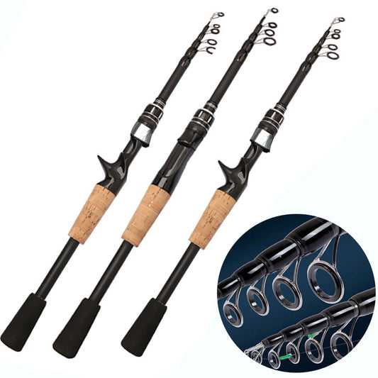 Teleskop-Angelrute FLOKI GHODA™ aus Carbon mit Holzgriff – leicht, kompakt (48 cm eingeschoben), robust und ergonomisch, ideal für unterwegs und Wurfgewichte von 8–25 g.